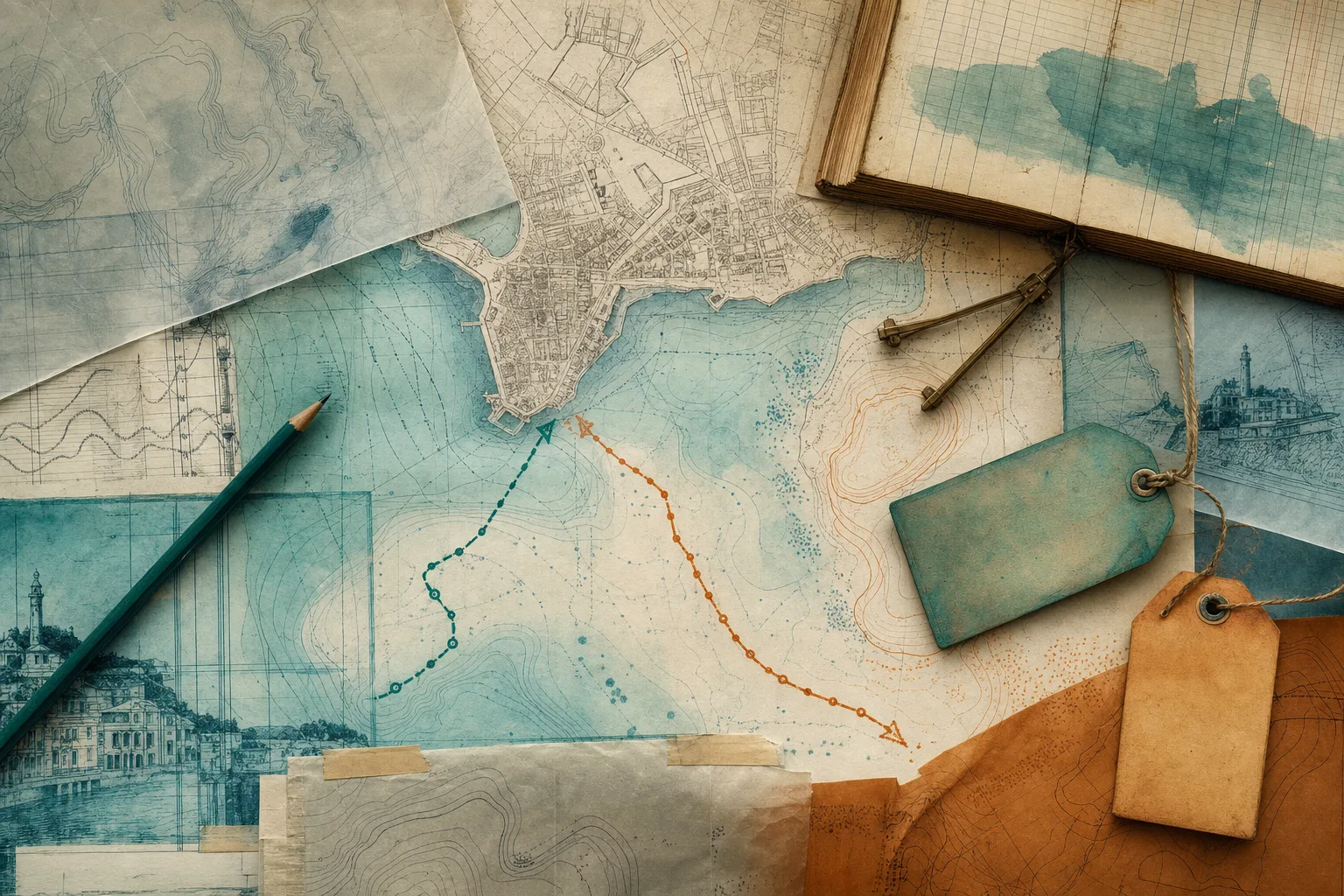 Rotas de navegação desenhadas sobre um mapa abstrato do porto de Salvador, representando Auditor Fiscal e Agente de Tributos