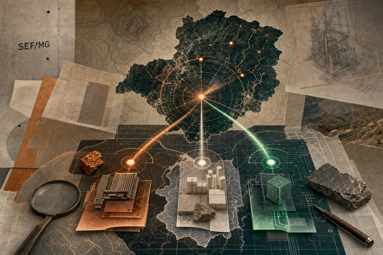 Mesa editorial de monitoramento fiscal com arcos de radar e mapa abstrato de Minas Gerais para o concurso SEFAZ-MG