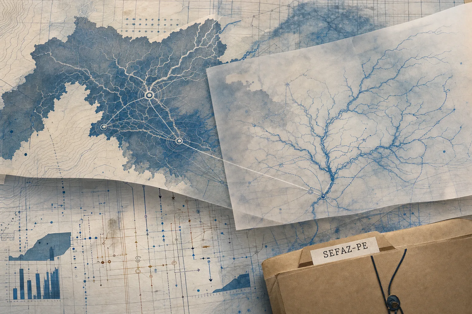 Camadas de papel vegetal sobre diagrama técnico de fluxos fiscais, representando o arquivo de 2022 e sinais em observação da SEFAZ-PE