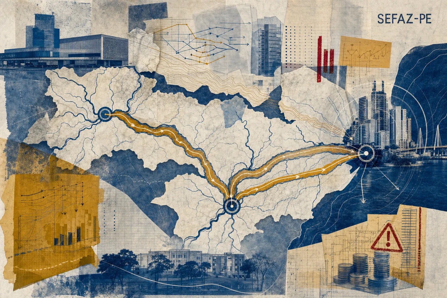 Colagem cartográfica com fluxos territoriais ligando Recife, Caruaru e Petrolina para o concurso SEFAZ-PE