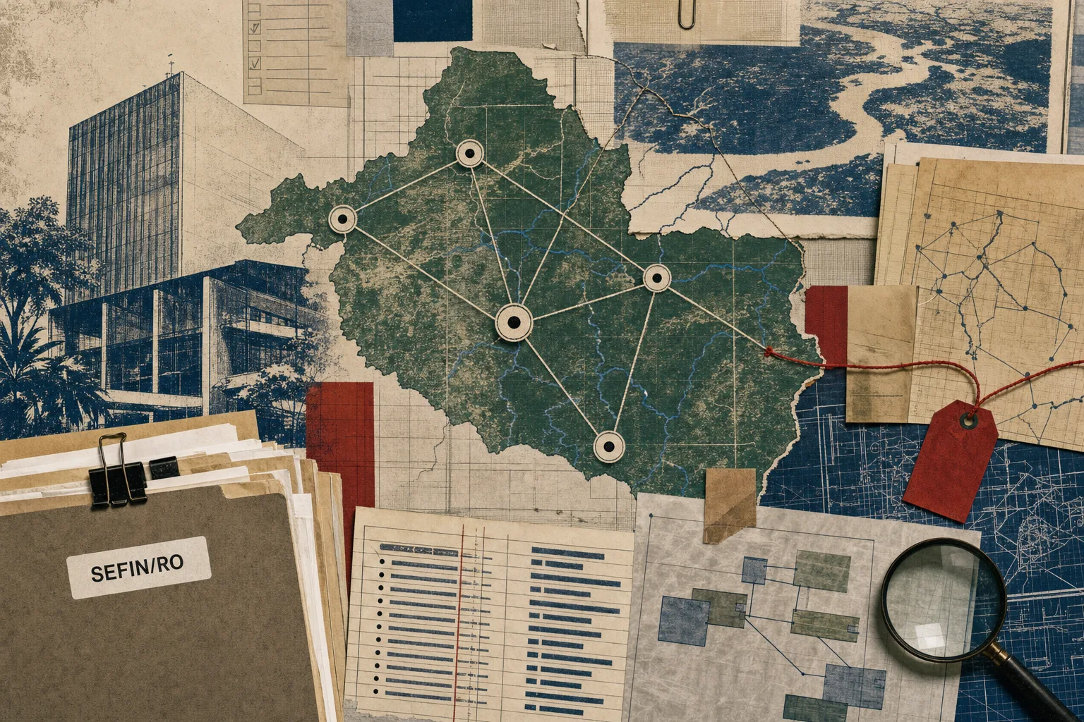 Colagem editorial com mapa abstrato de Rondônia, pontos de circulação fiscal e folhas de arquivo do concurso SEFIN-RO