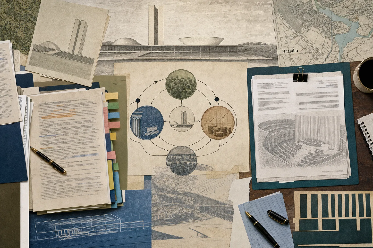 Mesa editorial com páginas jurídicas, diagrama de políticas públicas e fragmento cartográfico de Brasília ligado às especialidades de Consultor