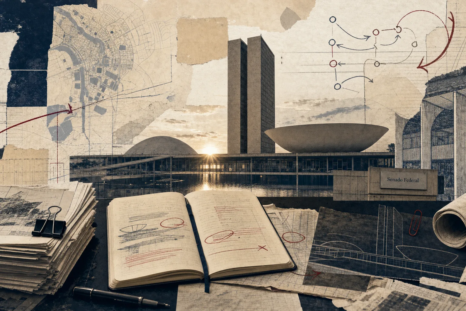 Colagem editorial de Brasília com silhueta legislativa, caderno de apuração e marcações que representam o pré-edital do Senado