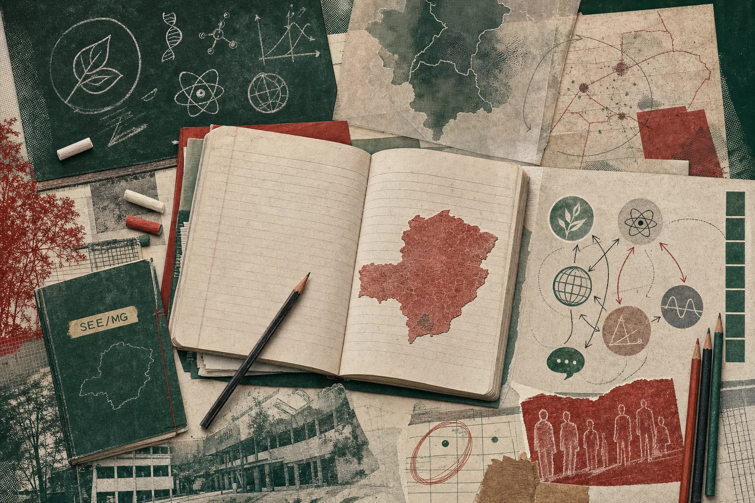 Mesa de planejamento docente com caderno pautado, lápis, mapas abstratos e símbolos de disciplinas para o concurso da Educação de Minas