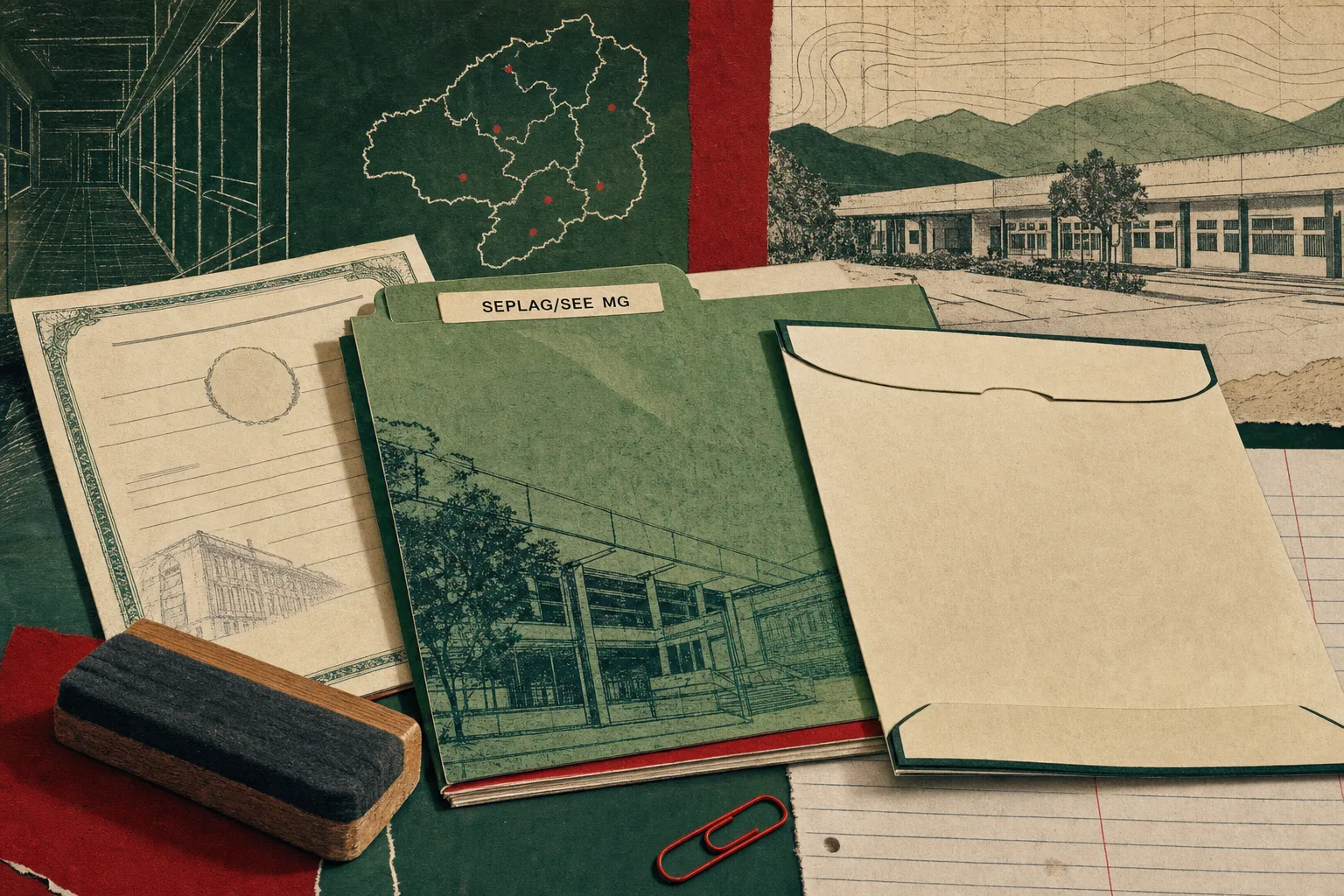 Certificado, pasta de histórico escolar e capa de diploma em composição editorial sobre documentação de posse
