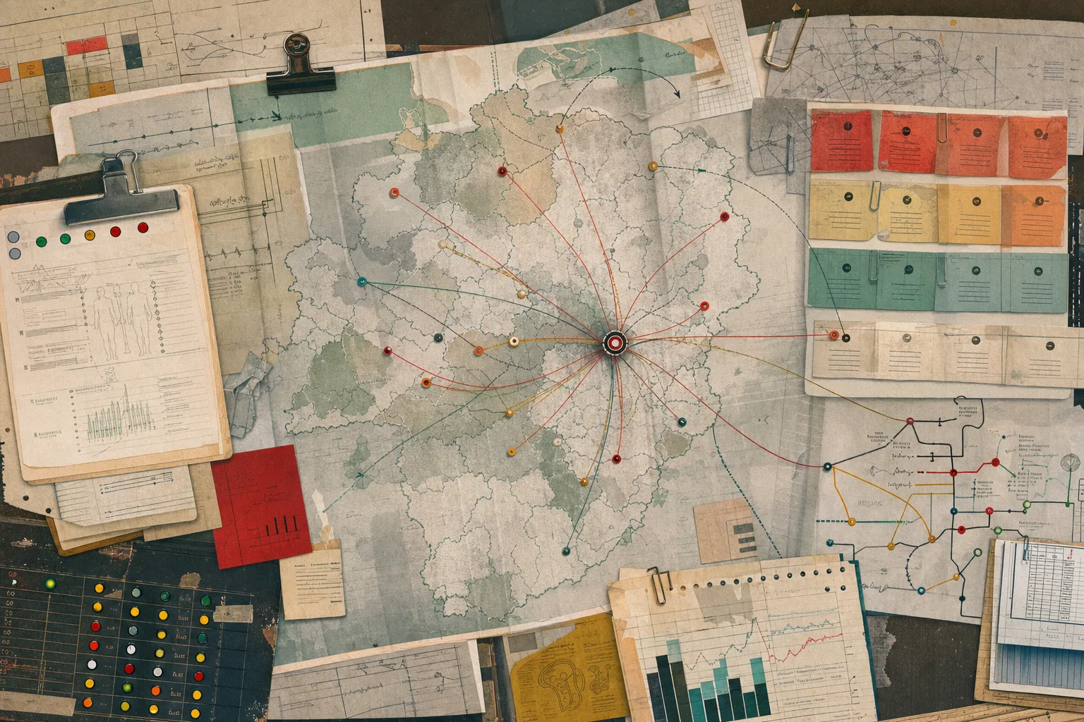 Mapa editorial abstrato de Minas Gerais com pontos de circulação conectados para as cidades de prova do concurso SES-MG