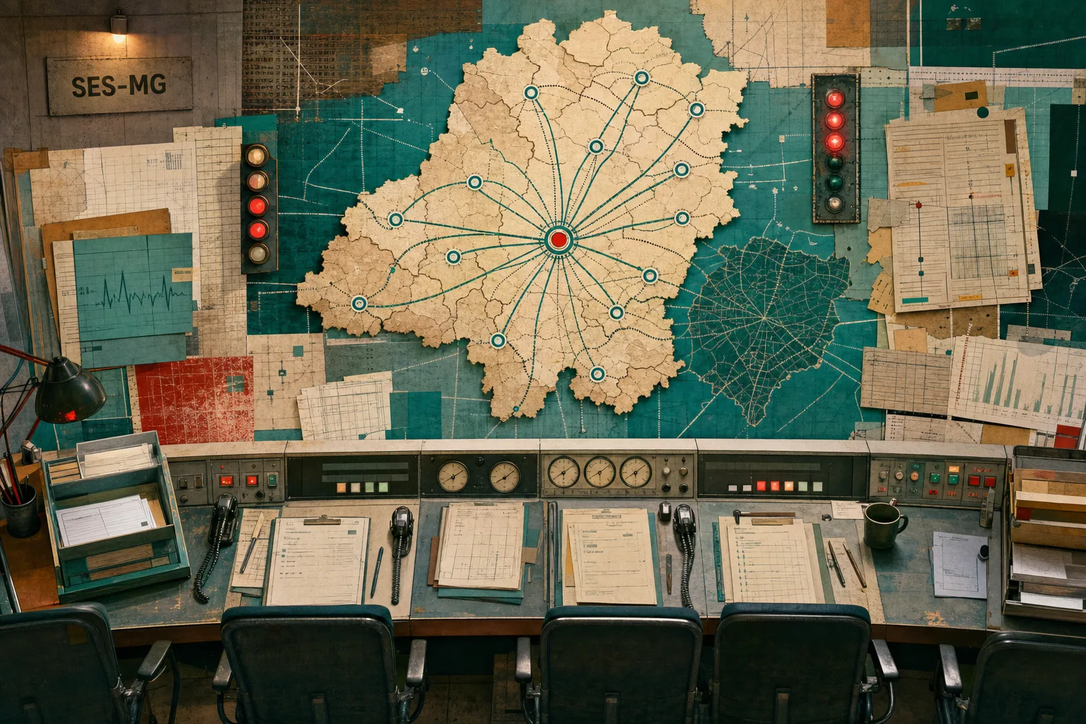 Colagem editorial de uma central de regulação em saúde com fluxos e mapa abstrato de Minas Gerais para o concurso SES-MG