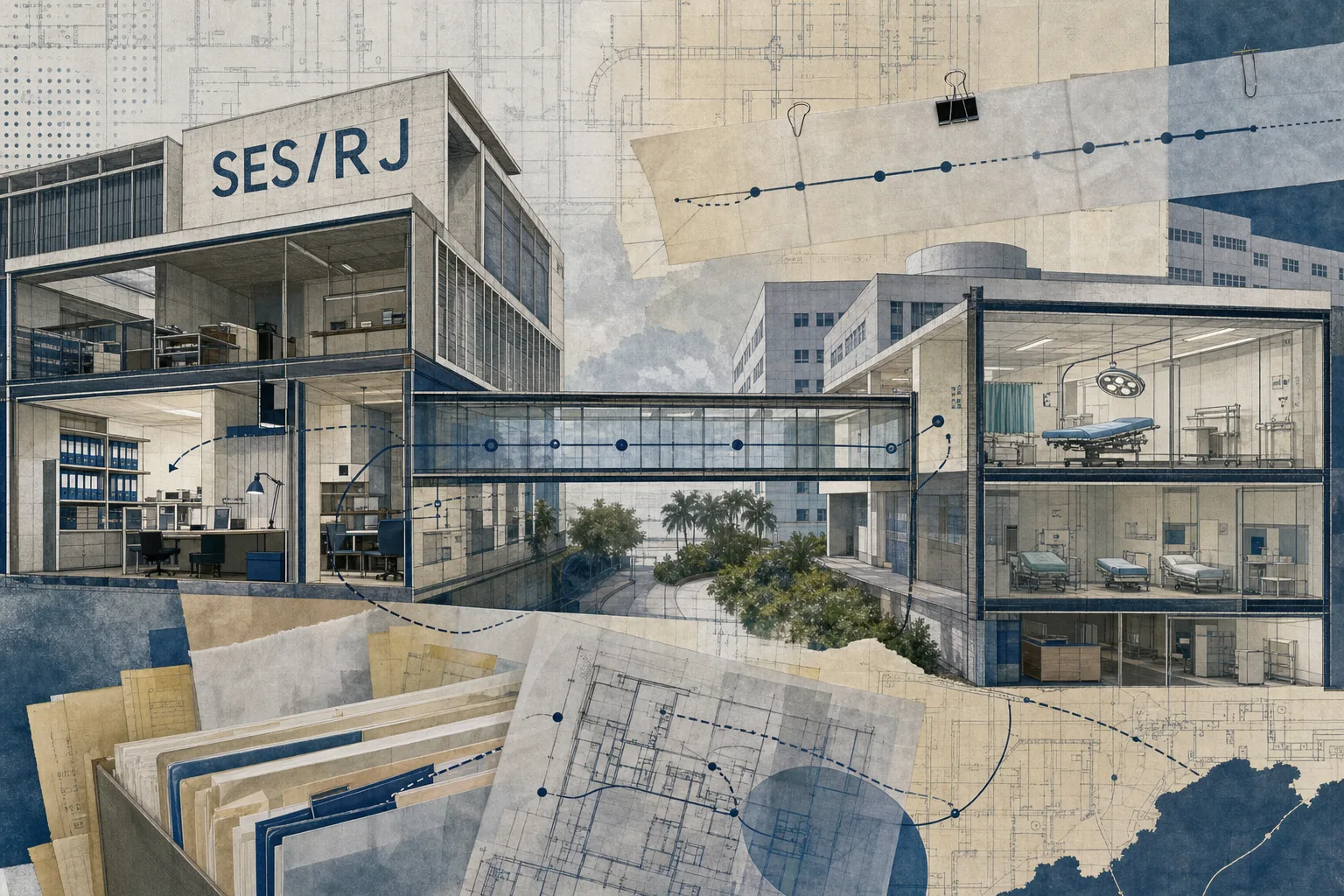 Ilustração arquitetônica de uma administração estadual de saúde conectada a um hospital, representando as frentes SES-RJ e IASERJ no concurso