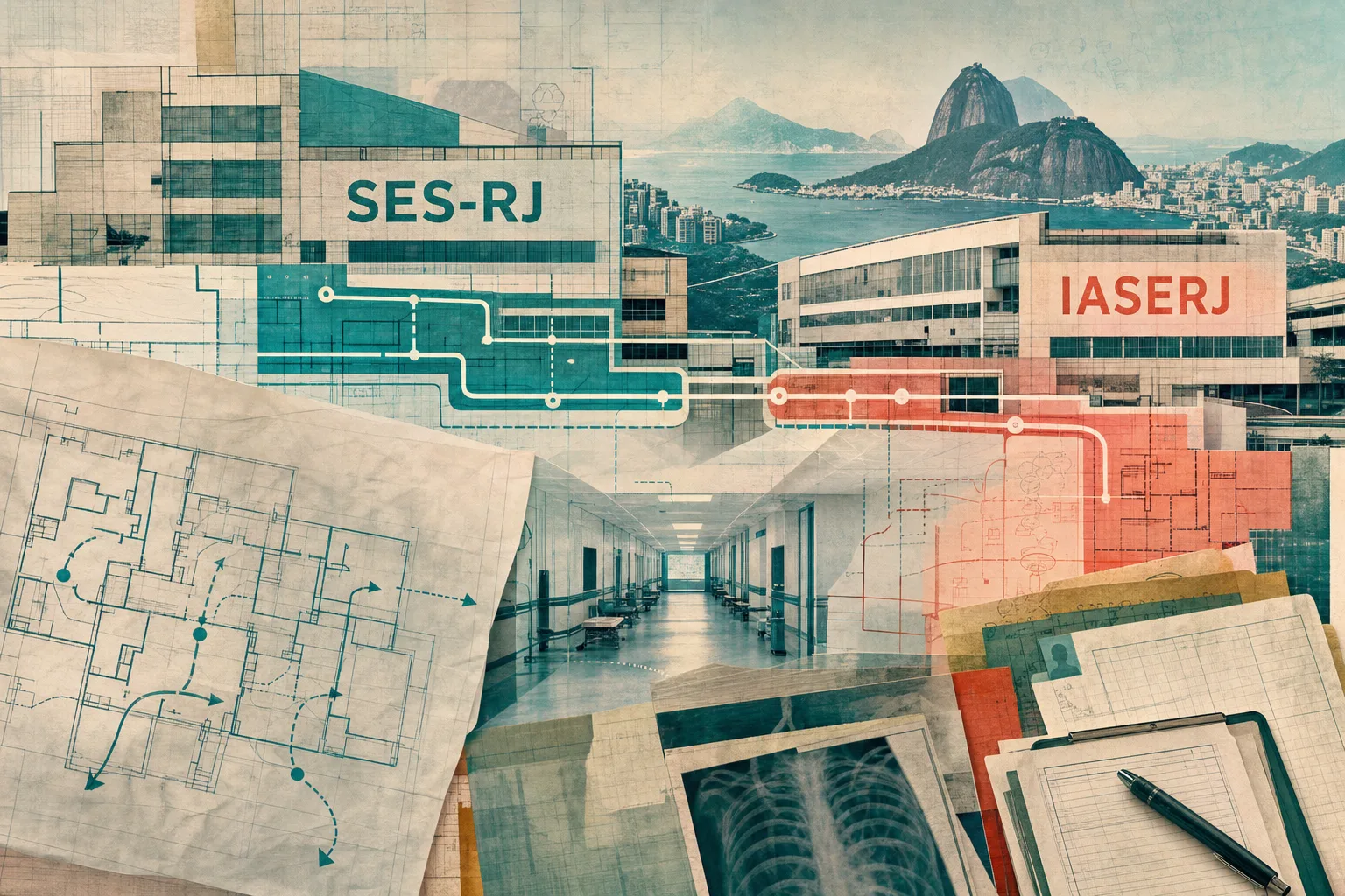 Colagem arquitetônica da rede pública de saúde, com alas conectadas de SES-RJ e IASERJ e camadas de prontuário em preparação para o concurso