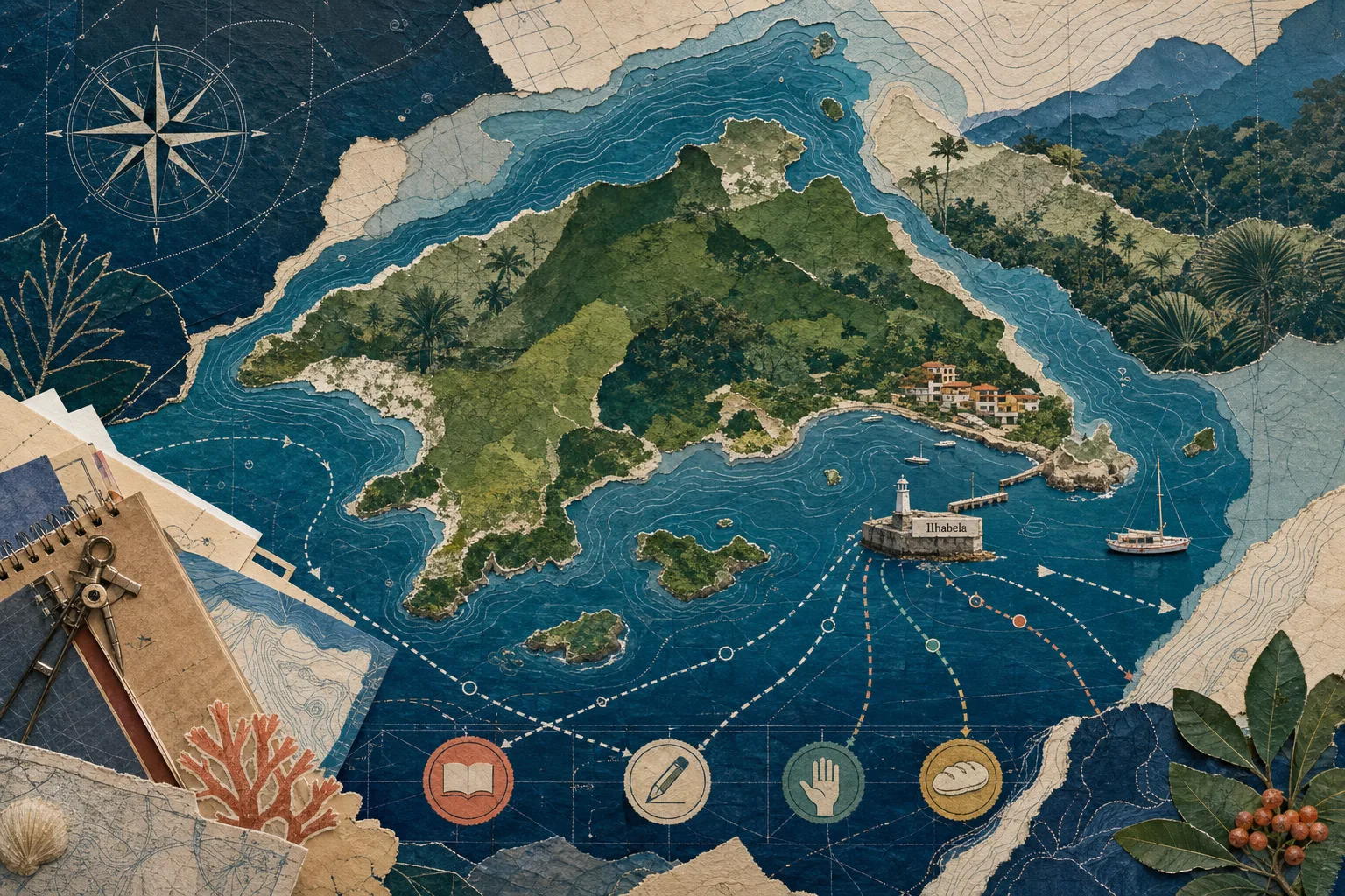 Colagem editorial de carta náutica com silhueta abstrata de Ilhabela, relevo de Mata Atlântica e rotas marítimas