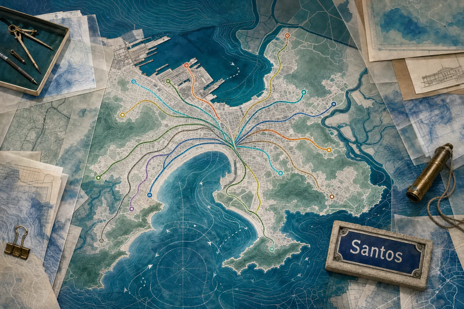Mapa editorial de rotas municipais sobre uma costa estilizada de Santos, relacionado aos cargos previstos