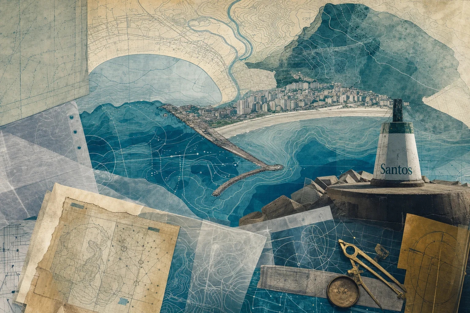 Colagem editorial cartográfica da costa e do porto de Santos relacionada ao concurso municipal