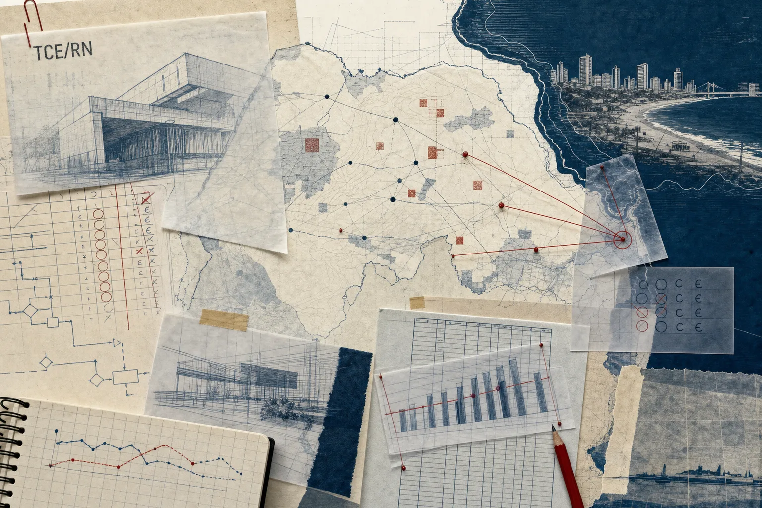 Colagem editorial de auditoria sobre mapa abstrato do Rio Grande do Norte, com marcações de conferência relacionadas ao TCE-RN