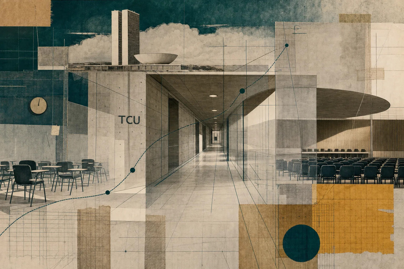 Ilustração de percurso arquitetônico entre provas e formação para o histórico do concurso TCU