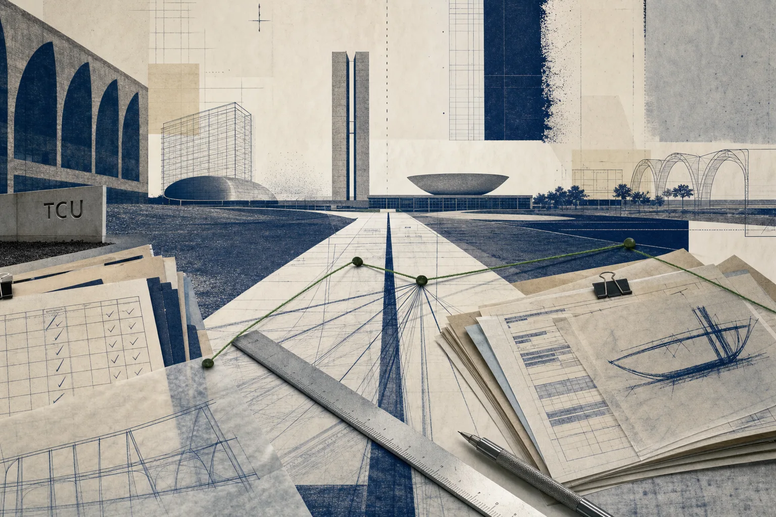 Colagem editorial de auditoria em Brasília com linhas técnicas, papel vegetal e placa arquitetônica TCU