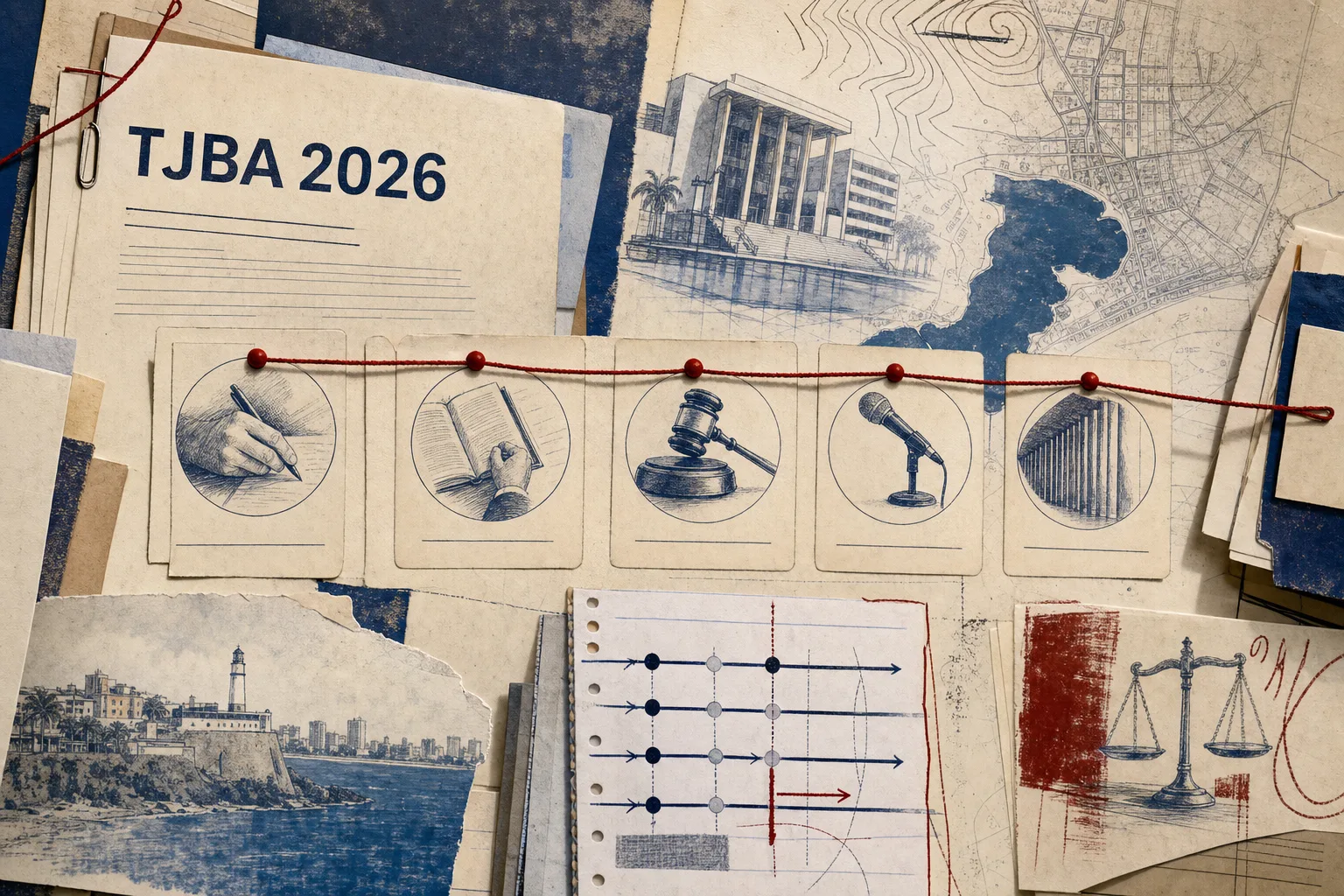 Colagem editorial de autos judiciais em movimento para o concurso TJ-BA 2026