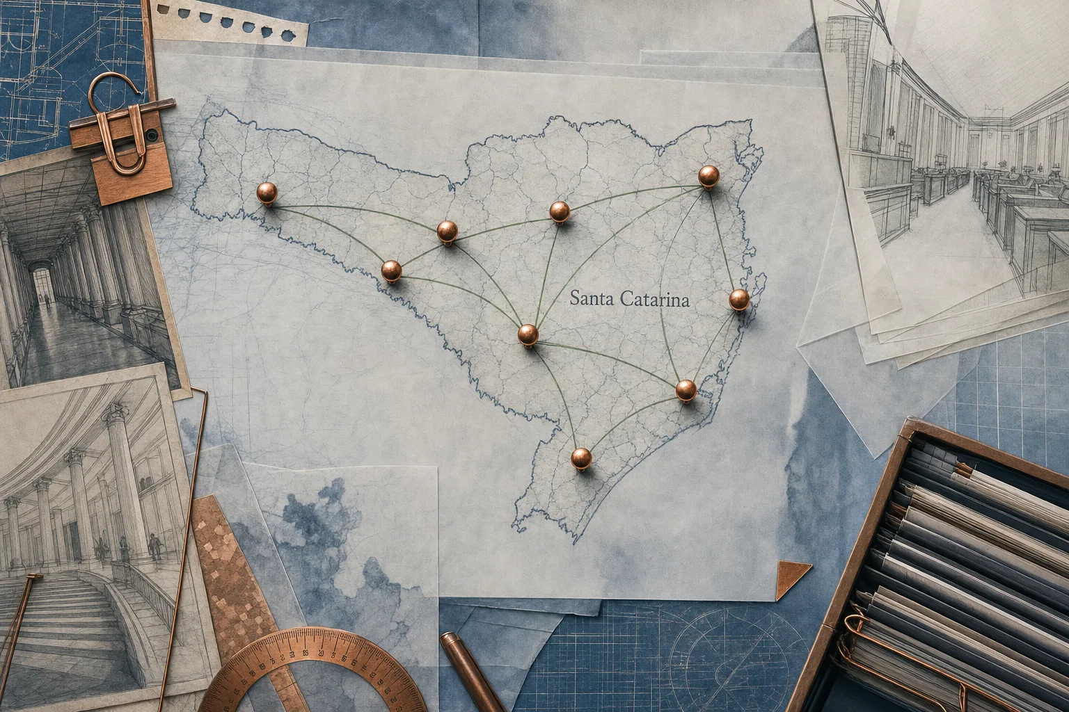 Mapa editorial de Santa Catarina com rotas e pontos de aplicação da prova do TJ-SC 2026