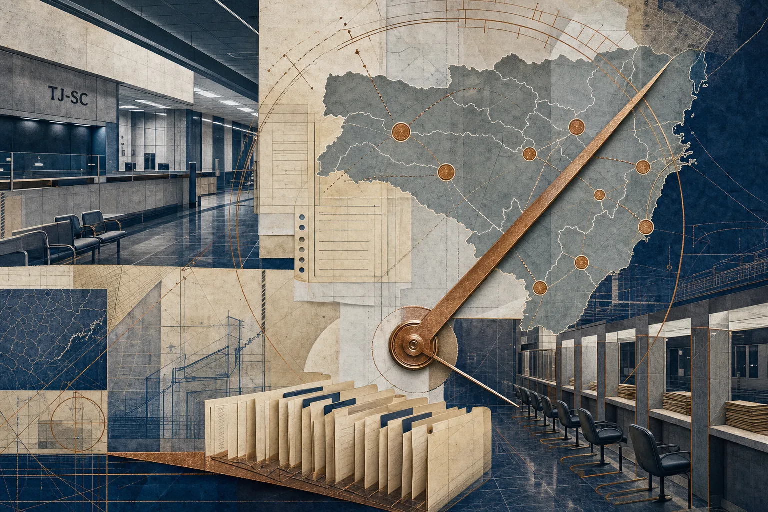 Colagem editorial de corredor institucional, linhas técnicas e mapa abstrato de Santa Catarina para o concurso TJ-SC 2026