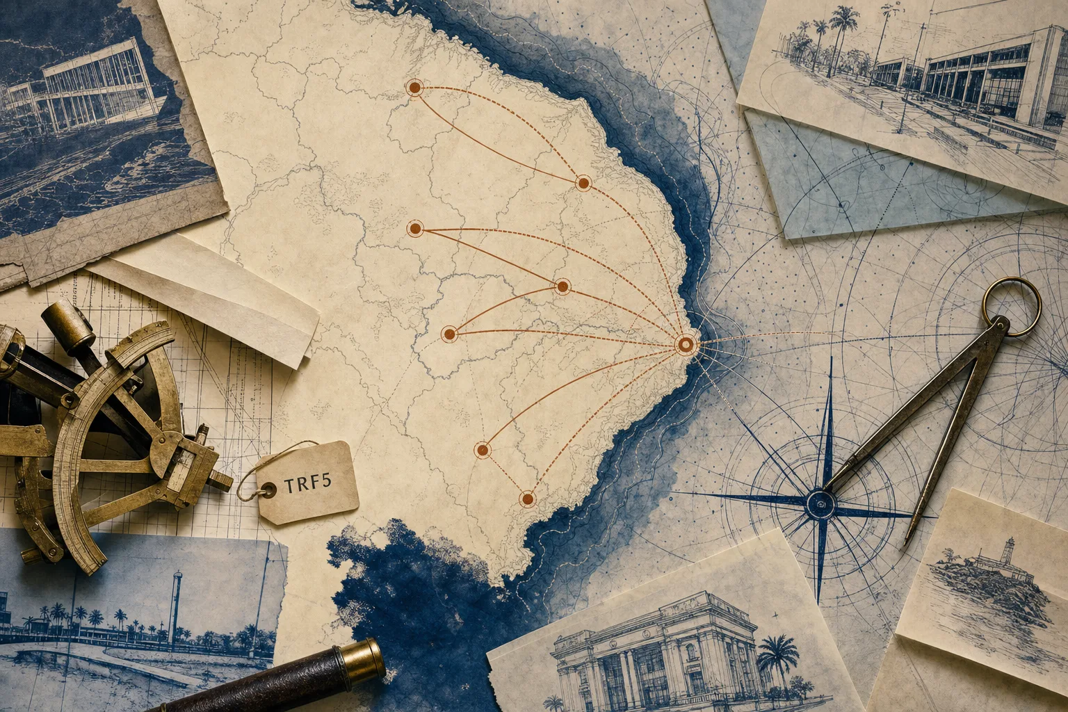 Carta náutica editorial com rotas ligando Recife a seis pontos da jurisdição do TRF5