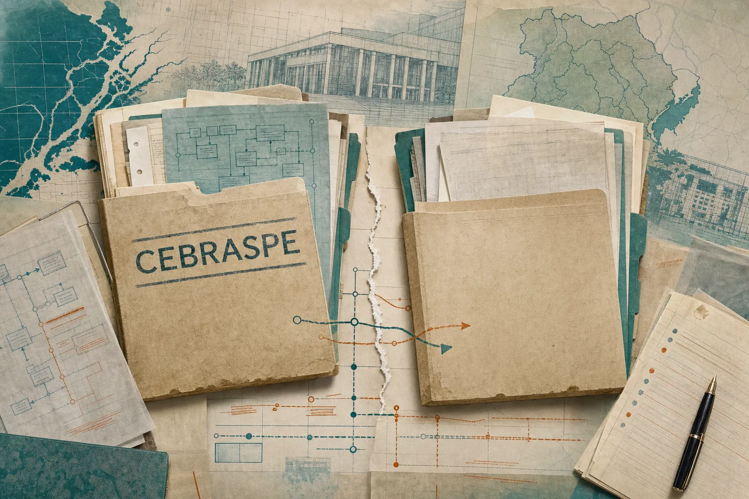 Papéis de concurso arquivados separados em pastas, representando o ciclo Cebraspe de 2022 e a correção que levou à reaplicação da prova de Técnico Administrativo