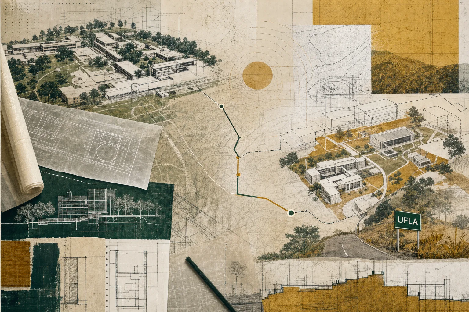 Colagem cartográfica de duas áreas universitárias ligadas por rotas medidas, relacionada às lotações da UFLA