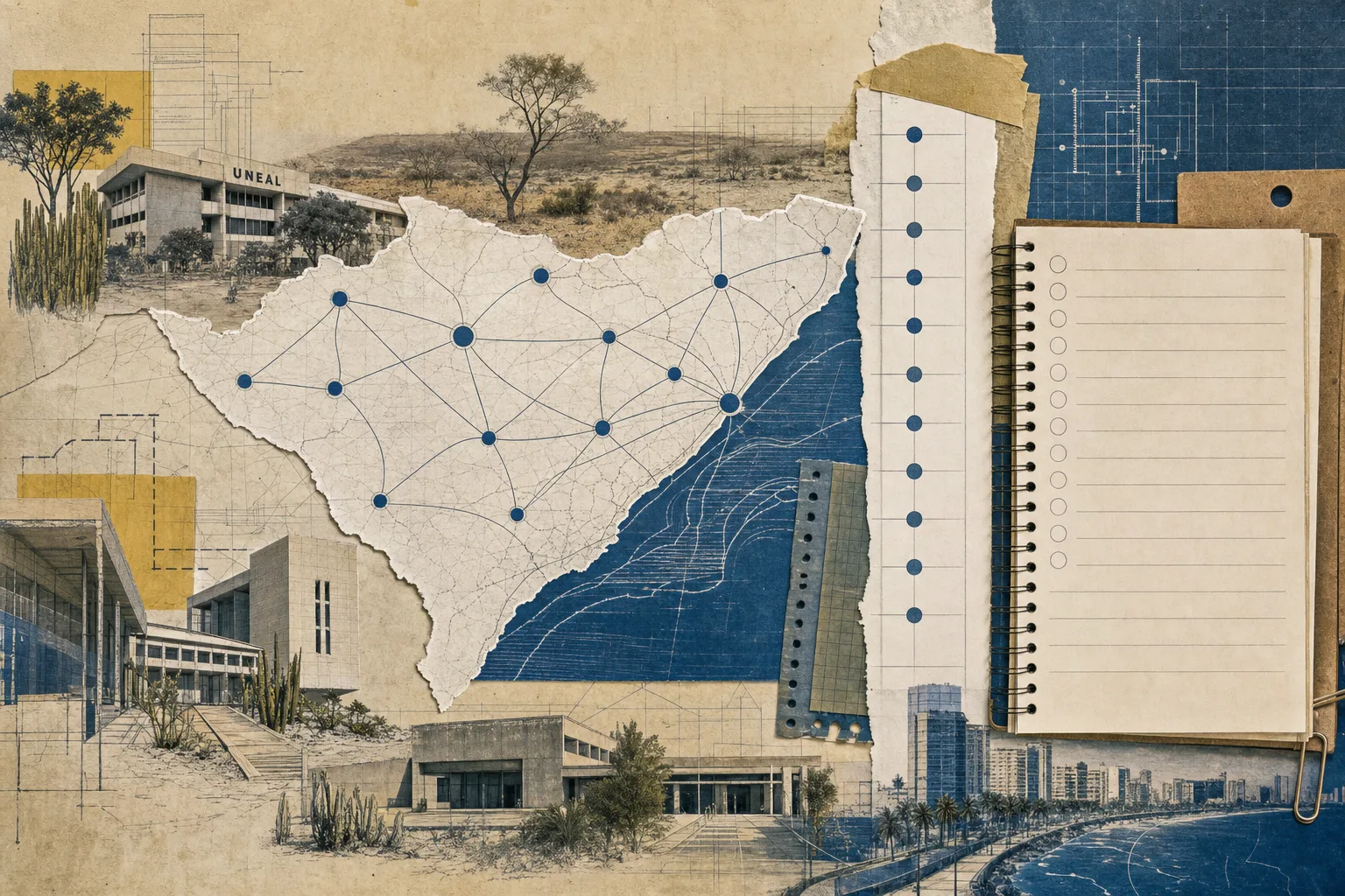 Mapa ilustrado da circulação da UNEAL entre cidades alagoanas, com nós conectados e agenda vertical