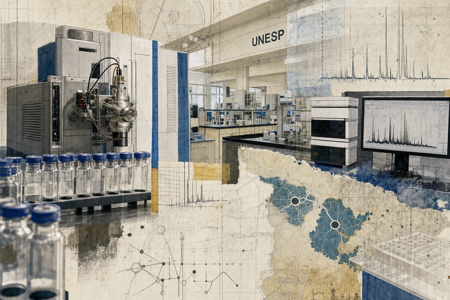 Bancada de laboratório com silhuetas de instrumentos de espectrometria e frascos de amostra vinculada às vagas em Registro e Rio Claro