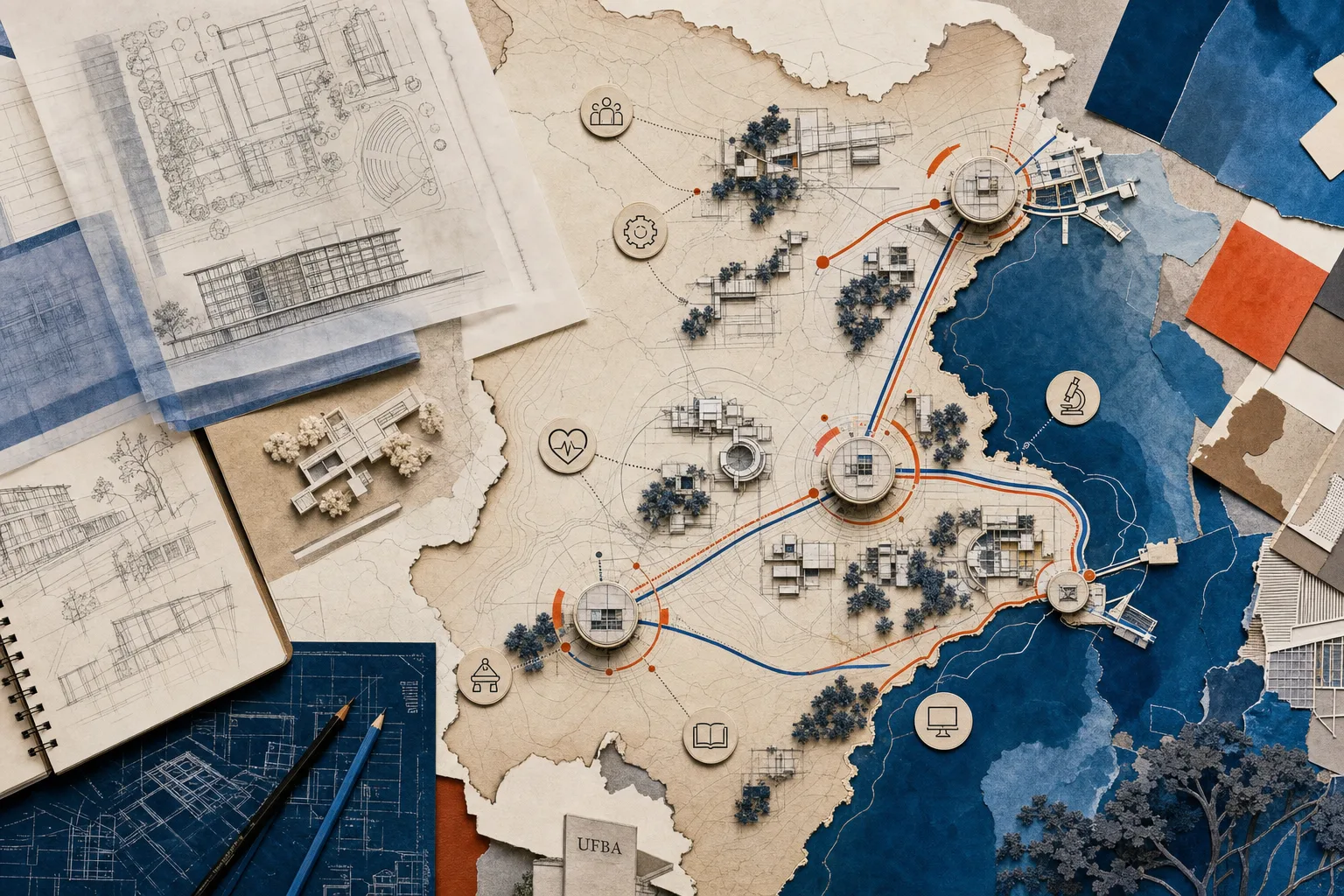Mapa arquitetônico abstrato da Bahia com rotas de circulação universitária entre Salvador, Camaçari e Vitória da Conquista para o concurso UFBA