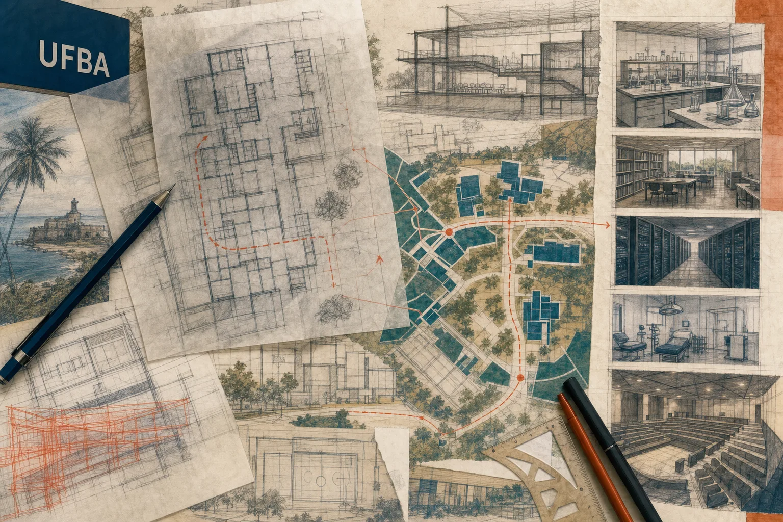 Colagem arquitetônica de campus universitário em revisão, com corredores técnicos e ambientes de laboratório, biblioteca e tecnologia ligados ao pré-edital da UFBA